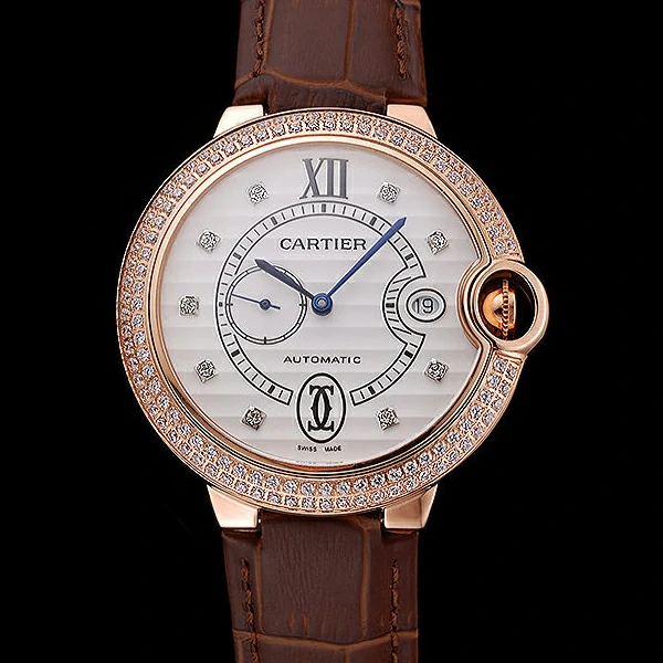 Cartier Ballon Bleu Diamond Case White Dial Brown Leather Bracelet new60604