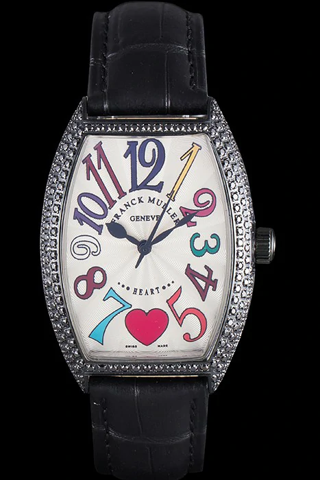 Franck Muller Heart Diamond Silver Bezel Black Leather Band new117991