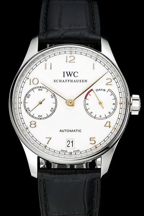 IWC Portuguese White Dial Gold Numerals Silver Case Black Leather Bracelet new124526