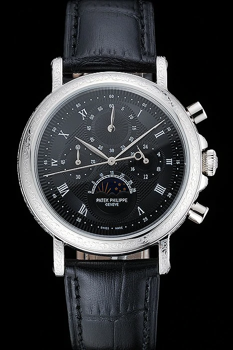 Patek Philippe Grand Complications Black Dial Engraved Silver Case Black Leather Bracelet new125142