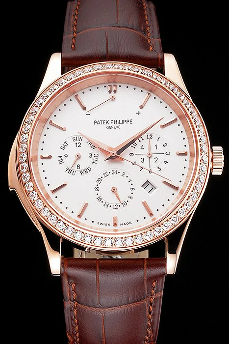 Patek Philippe Grand Complications Perpetual Calendar White Dial Rose Gold Case Diamond Bezel Brown Leather Strap new121986