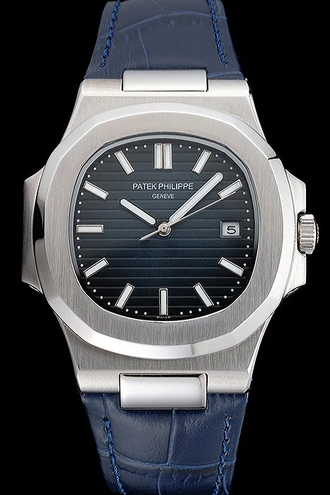 Patek Philippe Nautilus Blue Dial Brushed Stainless Steel Case Blue Leather Strap new121410