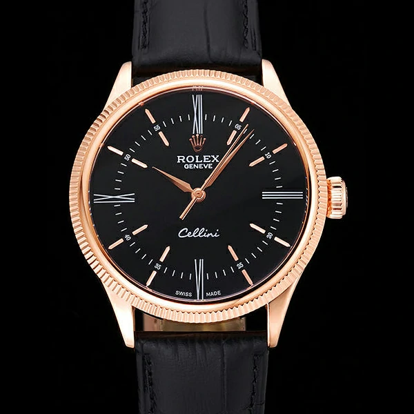 Rolex Cellini Time Gold Case Black Dial Black Leather Bracelet new60540