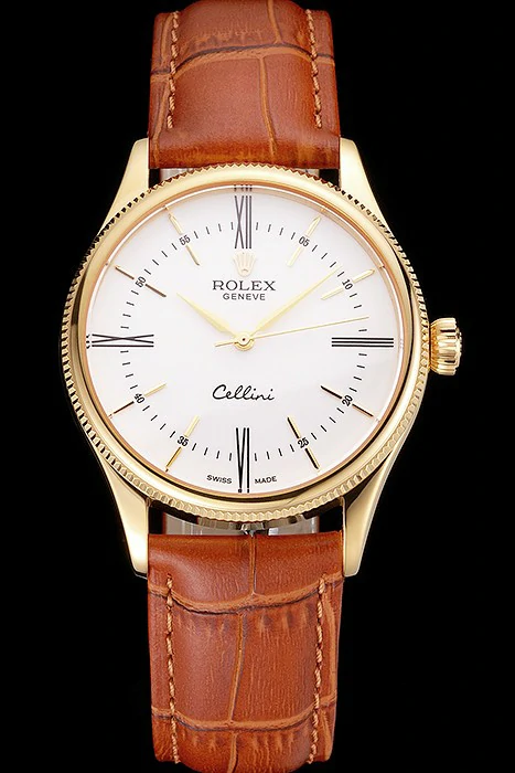 Rolex Cellini White Dial Roman Numerals Gold Case Light Brown Leather Strap new121616