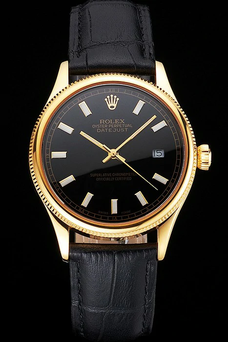 Rolex Datejust Black Dial Gold Case Black Leather Strap new121604