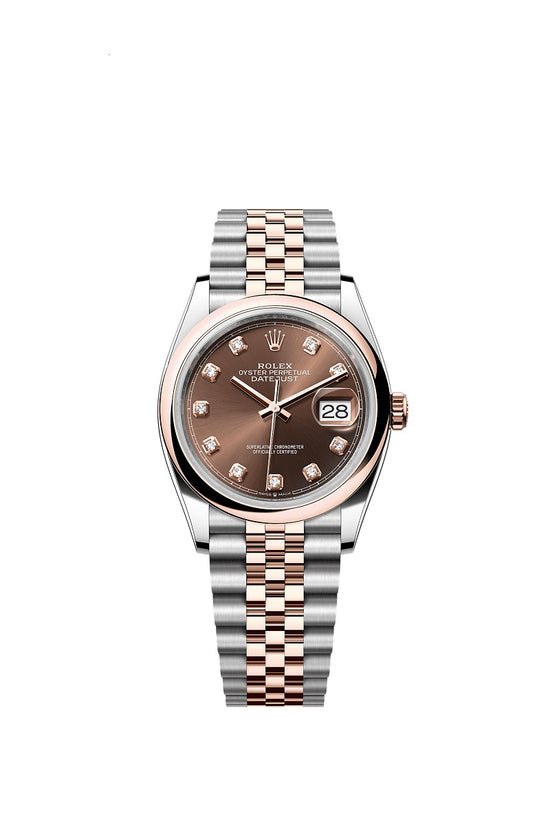 Rolex Replica Watch Datejust 36, Oystersteel and 18k Everose Gold, Chocolate sunray set with 10 diamonds dial, Domed Jubilee, 126201-0053