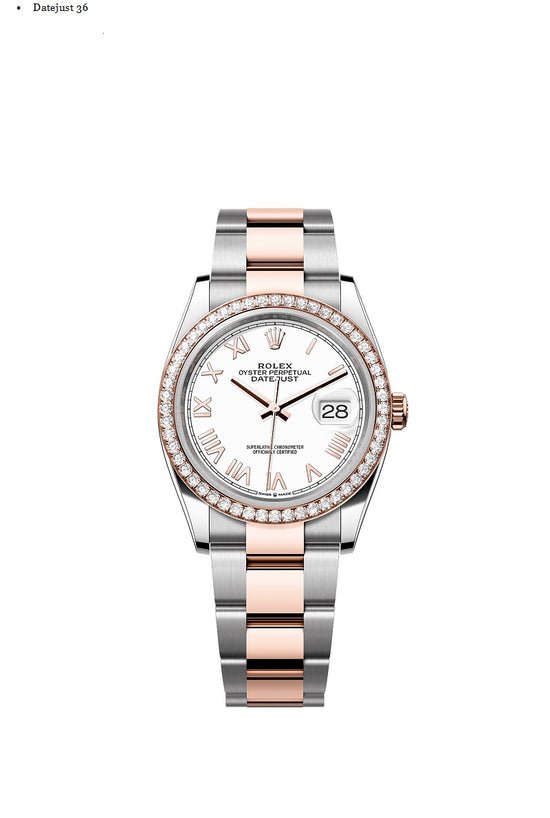 Rolex Replica Watch Datejust 36, Oystersteel and 18k Everose Gold, Intense white Roman dial, Diamond-set bezel Oyster, 126281rbr-0034
