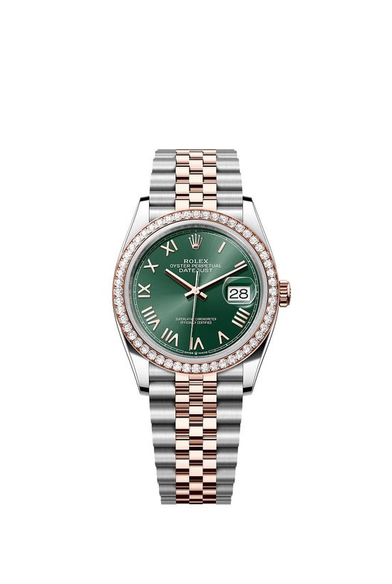 Rolex Replica Watch Datejust 36, Oystersteel and 18k Everose Gold, Mint green sunray Roman dial, Diamond-set bezel Jubilee, 126281rbr-0039