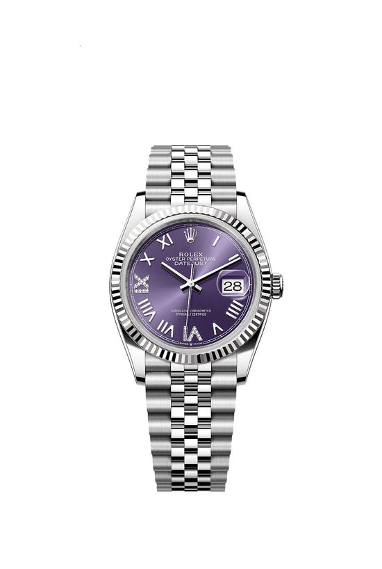 Rolex Replica Watch Datejust 36, Oystersteel and 18k White Gold, Aubergine set with diamonds dial, Fluted Jubilee, 126234-0063