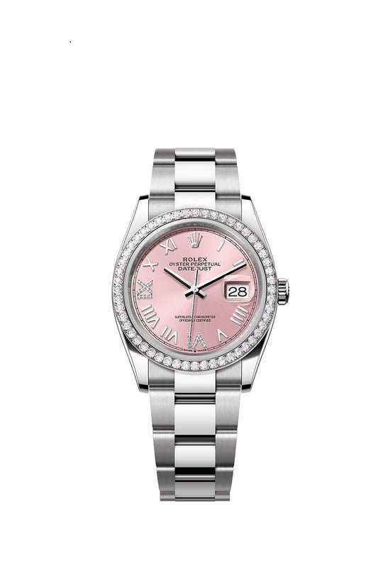 Rolex Replica Watch Datejust 36, Oystersteel and 18k White Gold, Pink set with diamonds dial, Diamond-set bezel Oyster, 126284rbr-0058