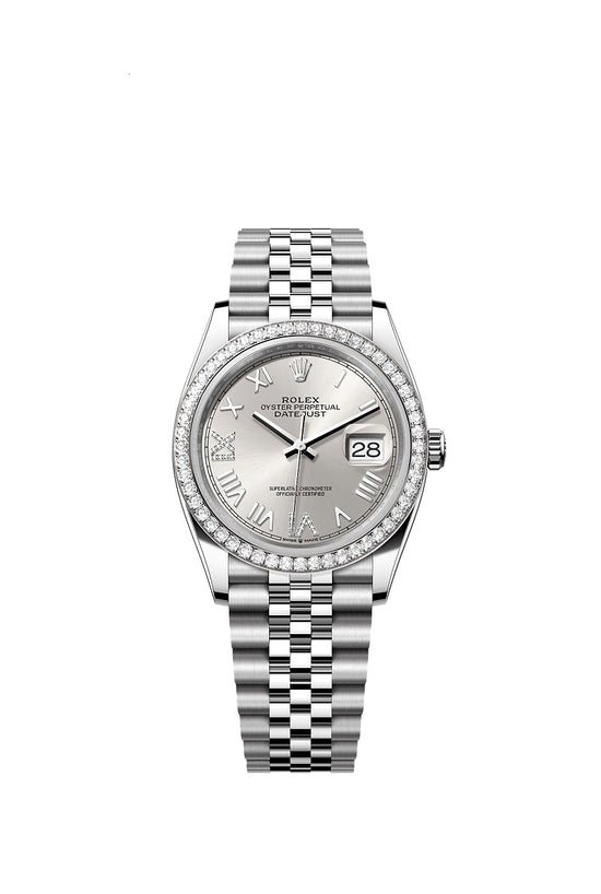 Rolex Replica Watch Datejust 36, Oystersteel and 18k White Gold, Silver set with diamonds dial, Diamond-set bezel Jubilee, 126284rbr-0059