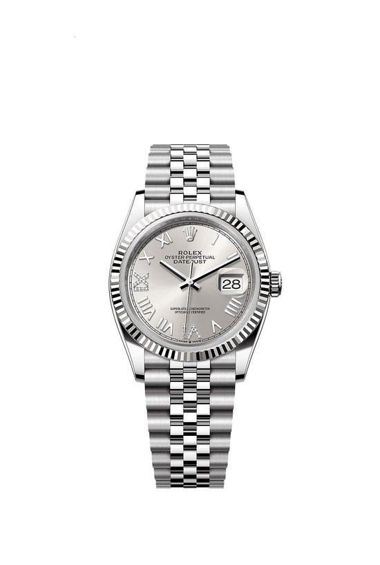 Rolex Replica Watch Datejust 36, Oystersteel and 18k White Gold, Silver set with diamonds dial, Fluted Jubilee, 126234-0067