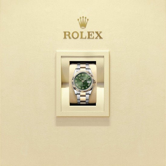 Rolex Replica Watch Datejust 36, Oystersteel and 18k Yellow Gold, Olive green sunray Roman dial, Fluted Oyster, 126233-0054