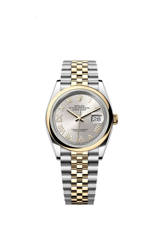 Rolex Replica Watch Datejust 36, Oystersteel and 18k Yellow Gold, Silver set with Diamonds dial, Domed Jubilee, 126203-0051