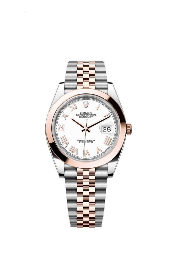 Rolex Replica Watch Datejust 41, Oystersteel and 18k Everose Gold, Intense White Roman dial, Smooth Jubilee, 126301-0026