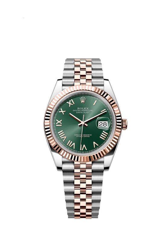 Rolex Replica Watch Datejust 41, Oystersteel and 18k Everose Gold, Mint green sunray Roman dial, Fluted Jubilee, 126331-0022