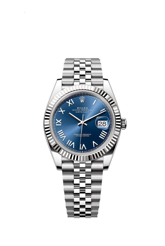 Rolex Replica Watch Datejust 41, Oystersteel and 18k White Gold, Bright blue sunray Roman dial, Fluted Jubilee, 126334-0038