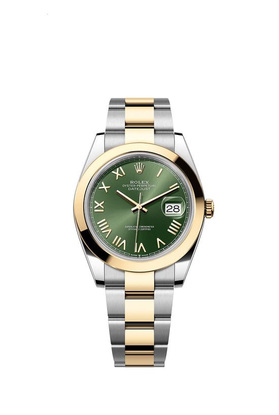Rolex Replica Watch Datejust 41, Oystersteel and 18k Yellow Gold, Olive green sunray Roman dial, Smooth Oyster, 126303-0023