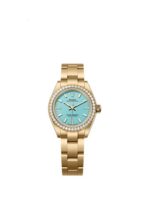 Rolex Replica Watch Oyster Perpetual 28, 18k Yellow Gold and Diamonds, 28mm, Turquoise blue dial, Oyster, 276248rbr-0001