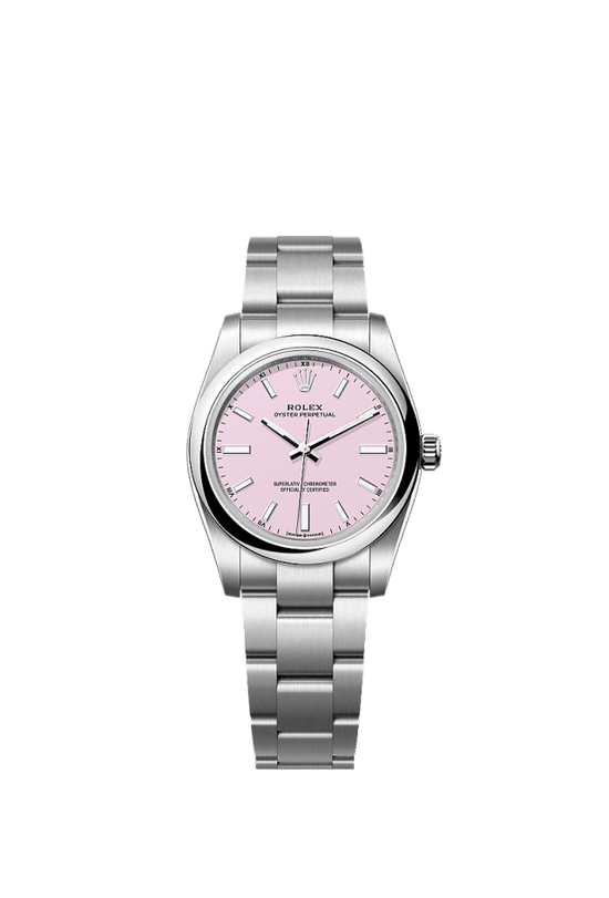 Rolex Replica Watch Oyster Perpetual, Oystersteel, 34mm, Candy pink dial, Domed Oyster, 124200-0009