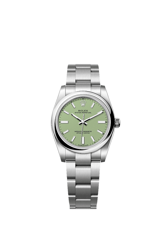 Rolex Replica Watch Oyster Perpetual, Oystersteel, 34mm, Pistachio-green dial, Domed Oyster, 124200-0006