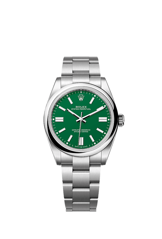 Rolex Replica Watch Oyster Perpetual, Oystersteel 41mm, Green dial, Domed Oyster, 134300-0004