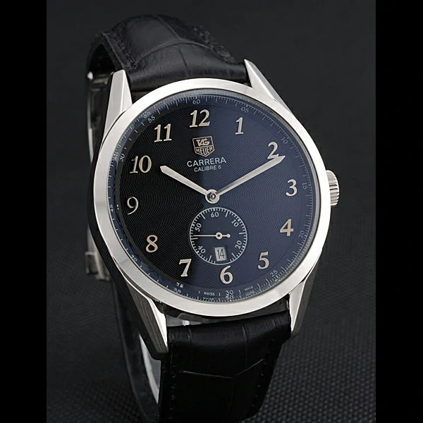 Tag Heuer Carerra Calibre 6 Black Dial Stainless Steel Bezel Black Leather Band new60060
